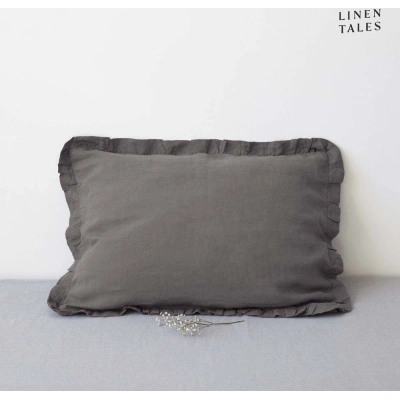 Tmavě šedý lněný povlak na polštář s řaseným lemem Linen Tales, 50 x 60 cm